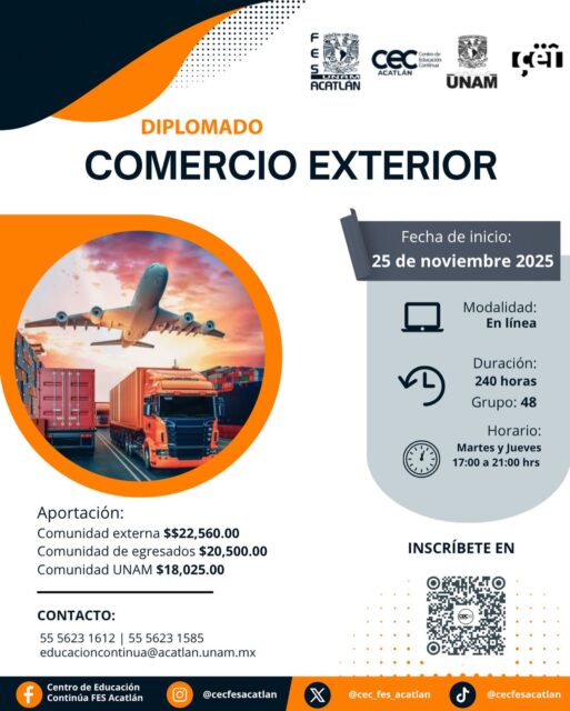 📣 Invitamos a la comunidad AMEI al diplomado en 𝑪𝒐𝒎𝒆𝒓𝒄𝒊𝒐 𝑬𝒙𝒕𝒆𝒓𝒊𝒐𝒓 del Centro de Educación Continua FES Acatlán. Este diplomado está dirigido a profesionales que deseen desarrollarse en las áreas de comercio internacional, gestión aduanera y negocios internacionales; empresarios relacionados con el comercio internacional y personas interesadas en actualizar o profundizar sus conocimientos sobre la teoría, práctica y legislación en las áreas mencionadas.
🔗 https://educacioncontinua.acatlan.unam.mx/?portfolio=comercio-exterior